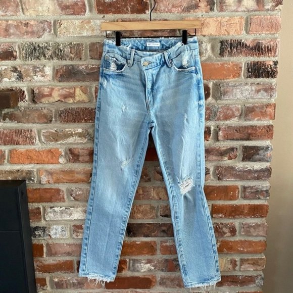 Good American Crossover Waist Distressed Skinny Jeans Blue 691 Light Wash - Picture 2 of 10